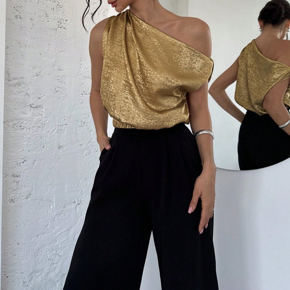Gold Elegant Romantic Women's Asymmetric Off-Shoulder Blouse - Picture 5 of 7
